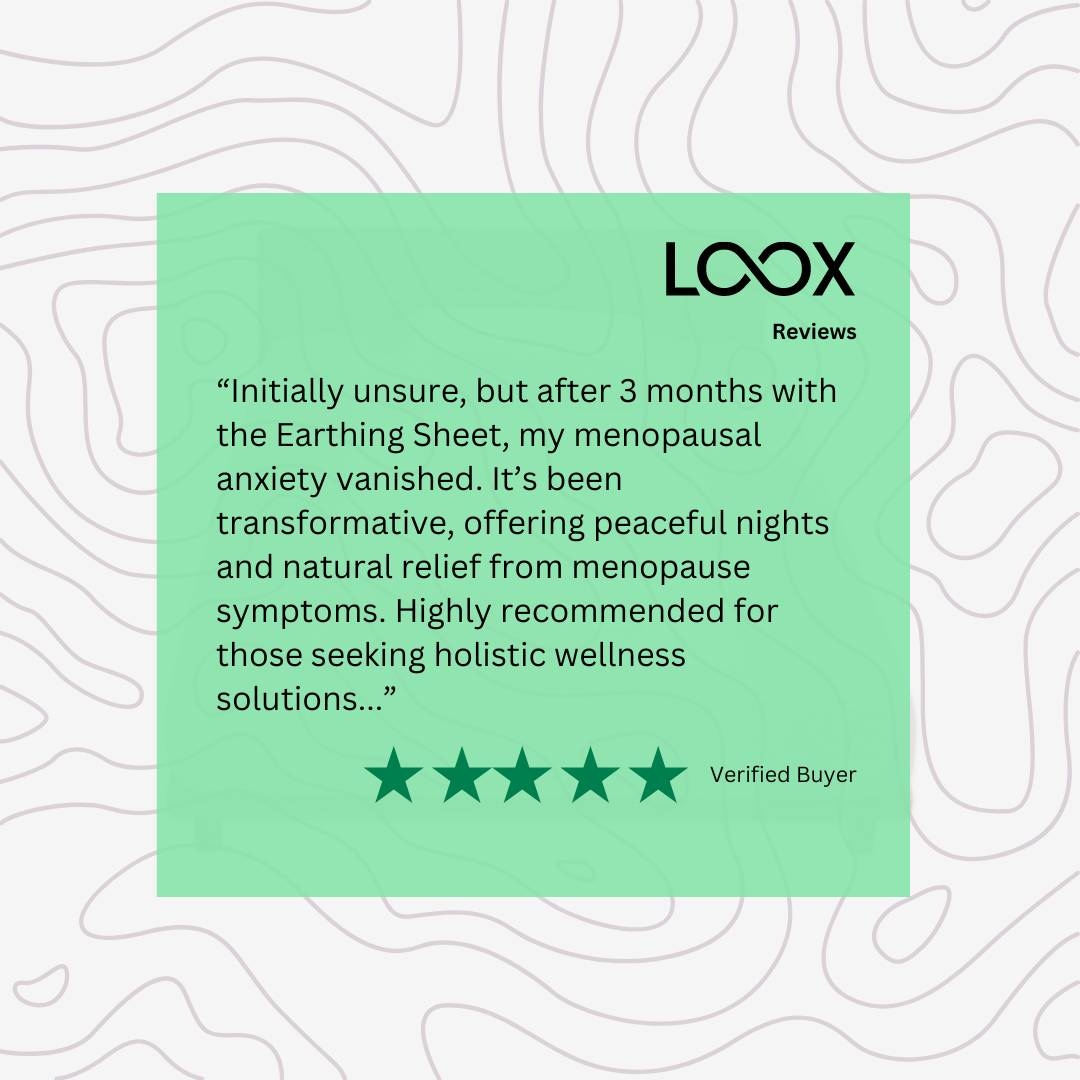 Screenshot of a five-star customer review on Loox for our grounding sheet, praising its effectiveness in improving sleep and reducing discomfort, with the reviewer's name anonymized for privacy.