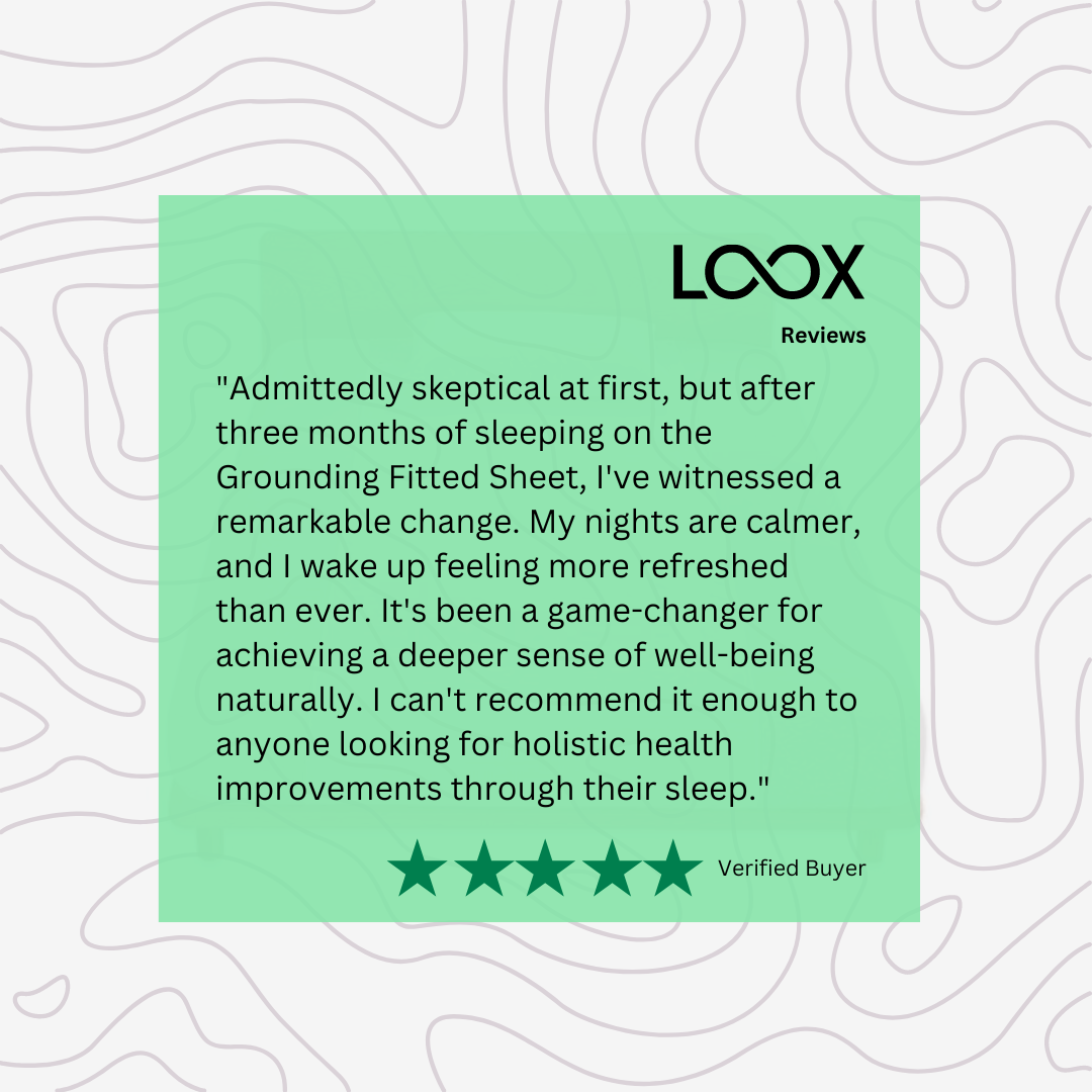 Screenshot of a positive customer review on Loox for our grounding product, featuring a five-star rating and text praising its effectiveness and quality, with the reviewer's personal details anonymized for privacy.